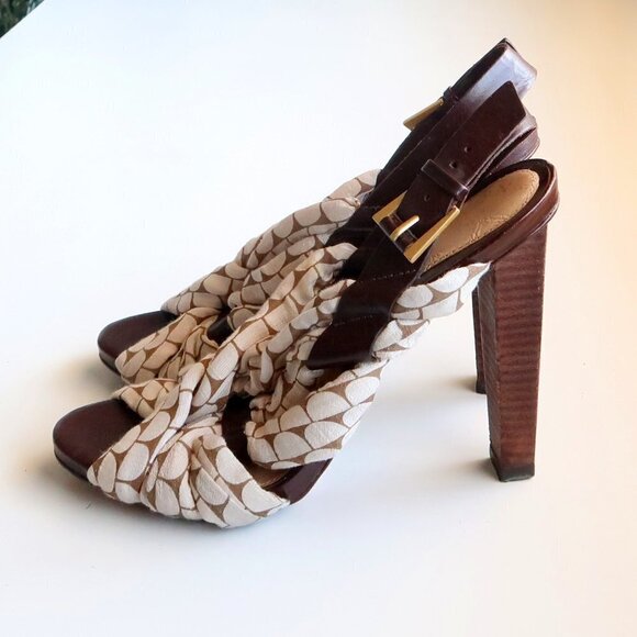 LAMB Brown Leather & Cream Canvas Sling-back Open Toe Sandals / Heels / Shoes 7. - Picture 9 of 14